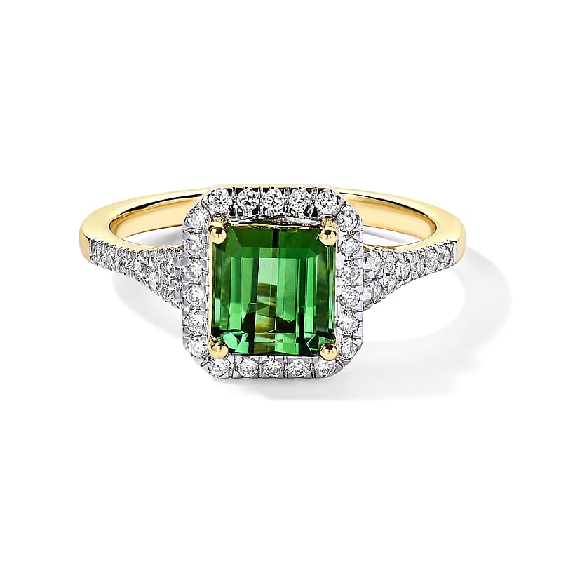 Luxoro AAA Sapo Green Tourmaline and Diamond (I2) 2.35 ctw Midnight Regent Ring in 10K Yellow Gold (Size 7.0)