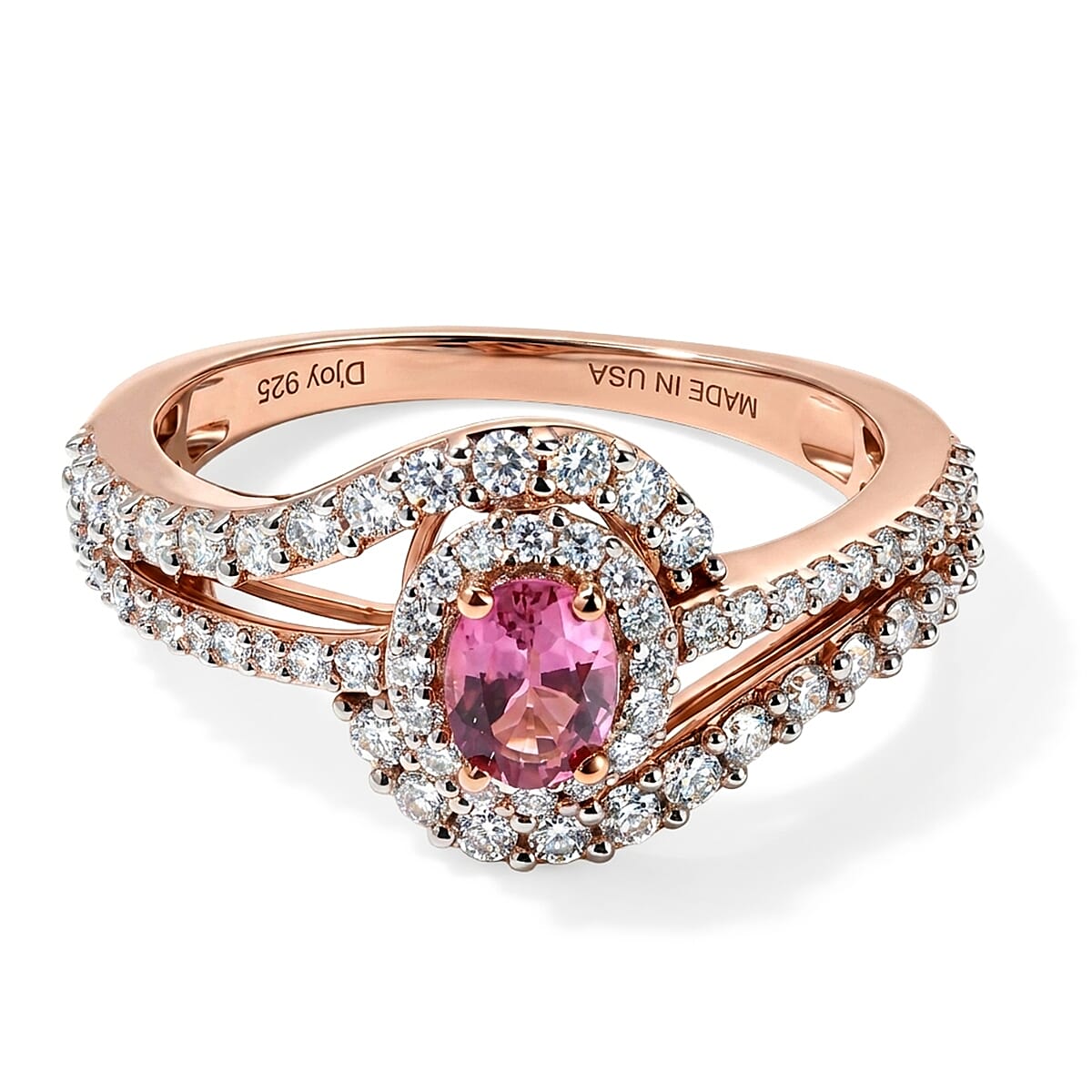 D'Joy Premium Morro Redondo Pink Tourmaline and Moissanite 0.90 ctw Blush Swirl Ring in 18K Vermeil Rose Gold Over Sterling Silver (Size 6.0)