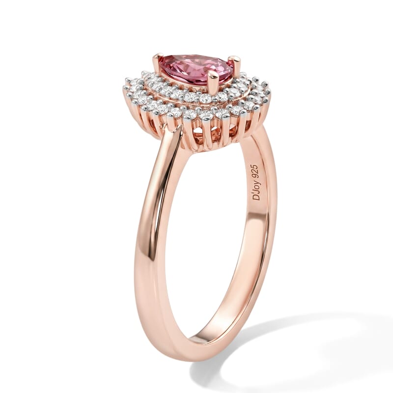 D'Joy Premium Morro Redondo Pink Tourmaline and Moissanite 0.90 ctw Timeless Blush Halo Ring in 18K Vermeil Rose Gold Over Sterling Silver (Size 6.0)
