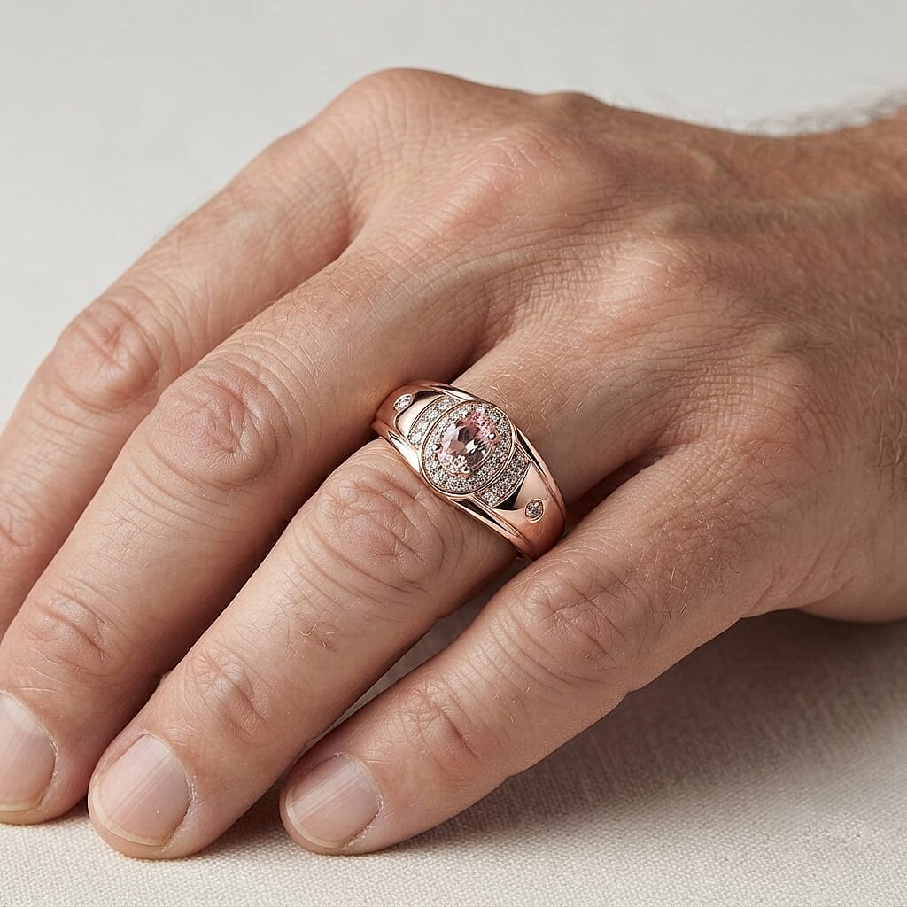 D'Joy Morro Redondo Pink Tourmaline and Moissanite 0.85 ctw Men's Ring in 18K Vermeil Rose Gold Over Sterling Silver (Size 11.0)