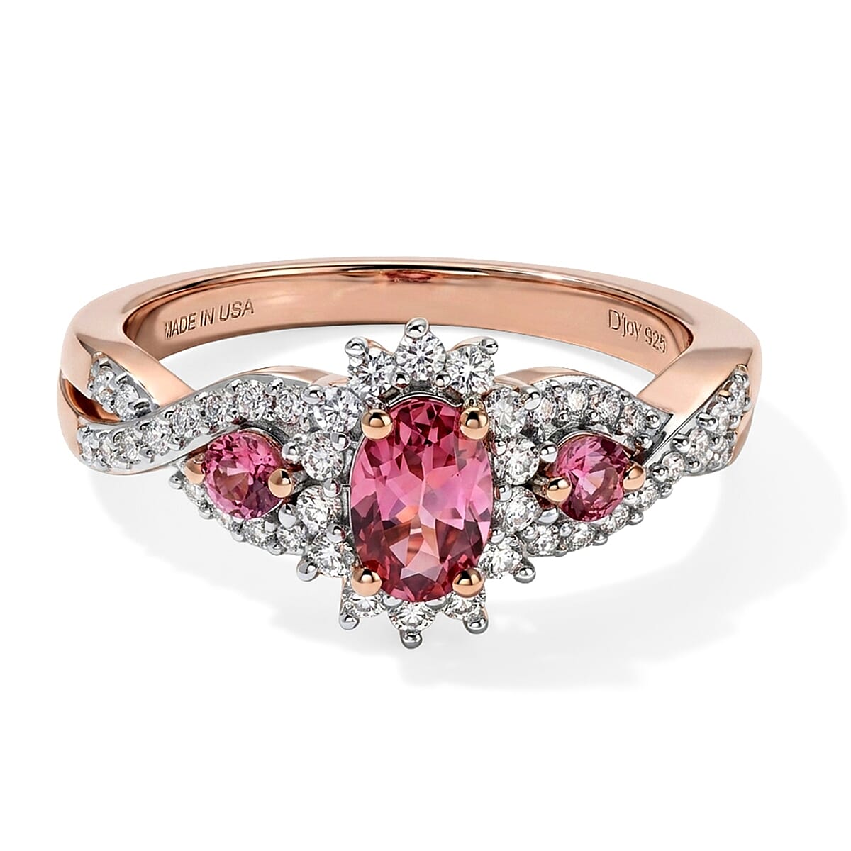 D''Joy Premium Pink Tourmaline, Moissanite Ring in 18K Vermeil RG Over Sterling Silver (Size 10.0) 0.90 ctw