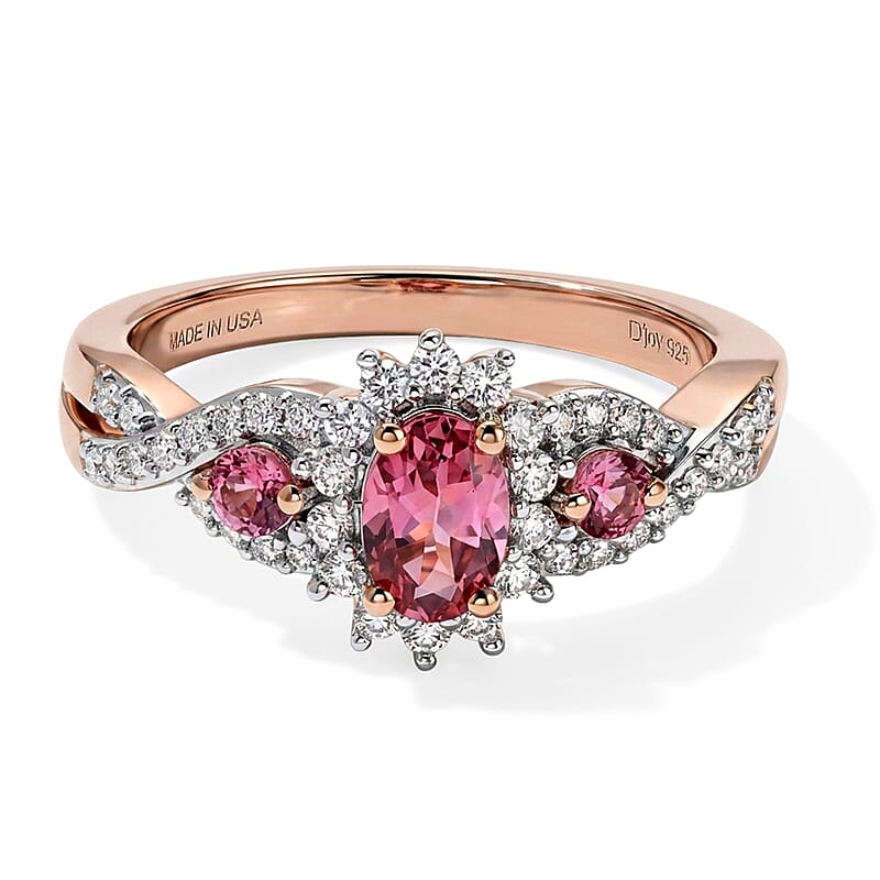 D'Joy Pink Tourmaline and Moissanite 0.90 ctw Ring in 18K Vermeil Rose Gold Over Sterling Silver (Size 7.0)