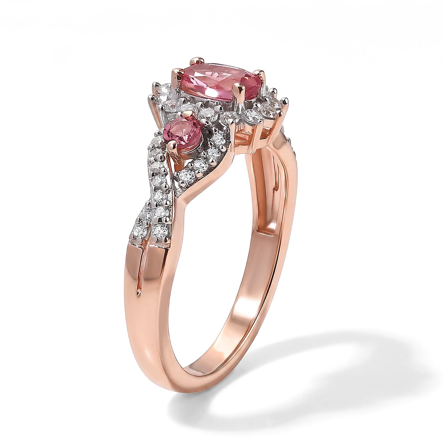 D'Joy Pink Tourmaline and Moissanite 0.90 ctw Ring in 18K Vermeil Rose Gold Over Sterling Silver (Size 7.0)
