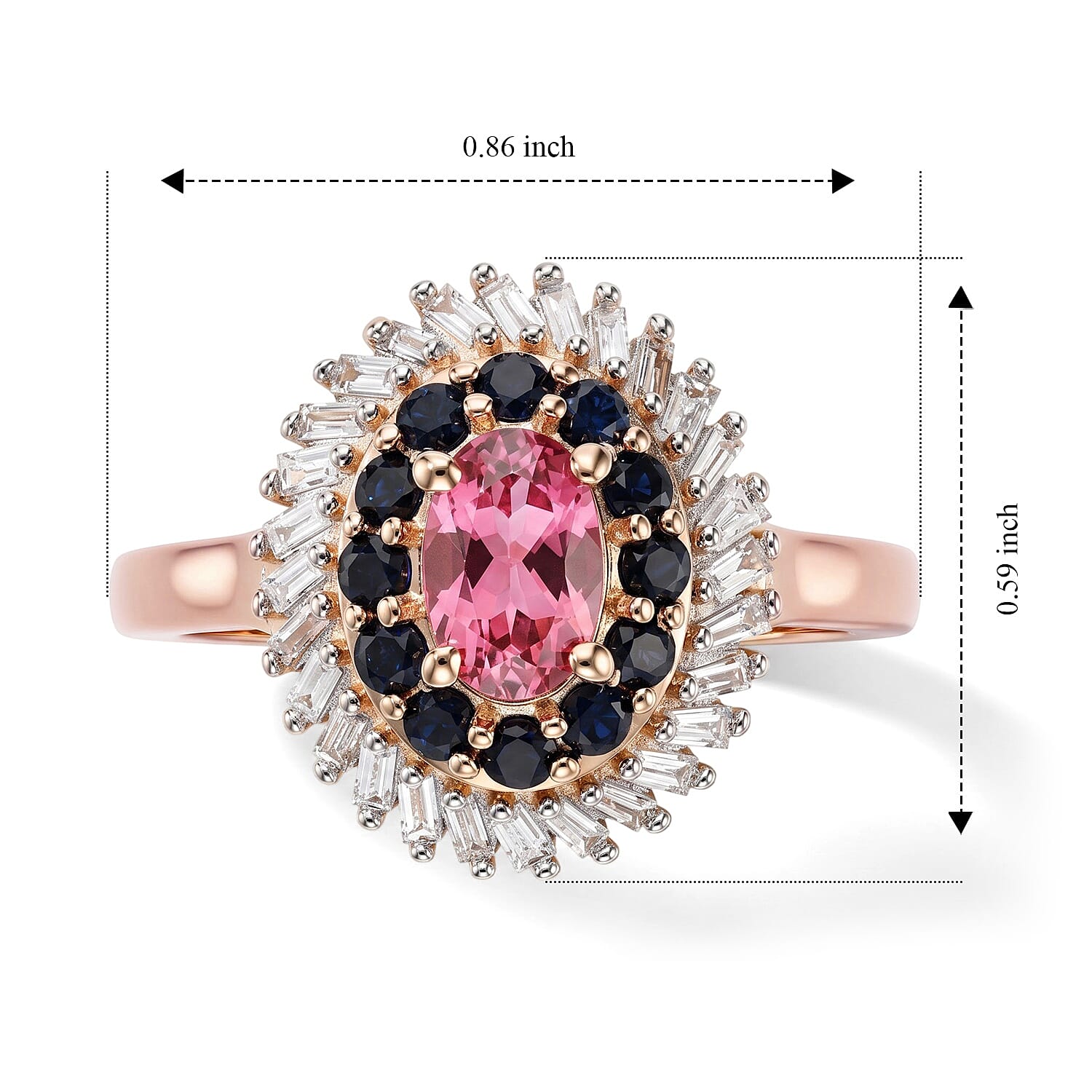 D'Joy Premium Morro Redondo Pink Tourmaline, Blue Sapphire and Diamond 0.90 ctw Vintage Ballerina Halo Ring in 18K Vermeil Rose Gold Over Sterling Silver (Size 6.0)