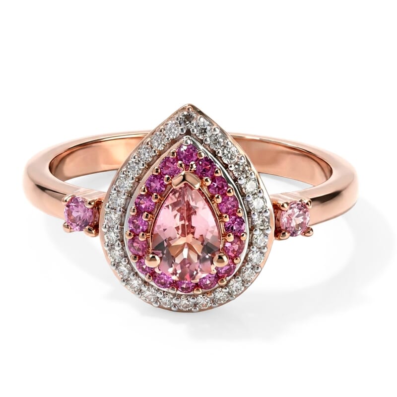 D'Joy Morro Redondo Pink Tourmaline and Multi Gemstone 0.75 ctw Blush Teardrop Ring in 18K Vermeil Rose Gold Over Sterling Silver (Size 5.0)