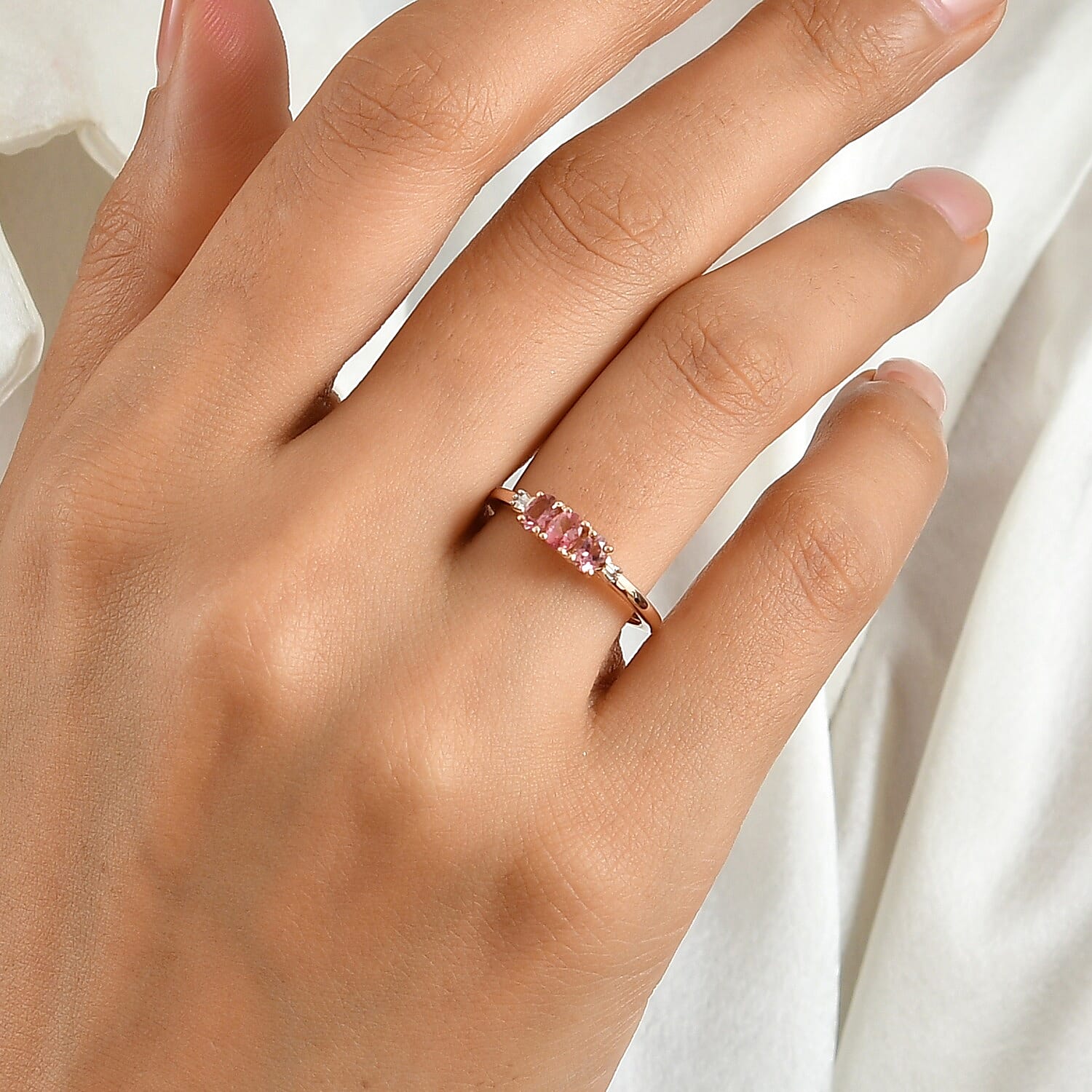 D'Joy Premium Morro Redondo Pink Tourmaline and Diamond 0.60 ctw Eternal Trio Ring in 18K Vermeil Rose Gold Over Sterling Silver (Size 5.0)