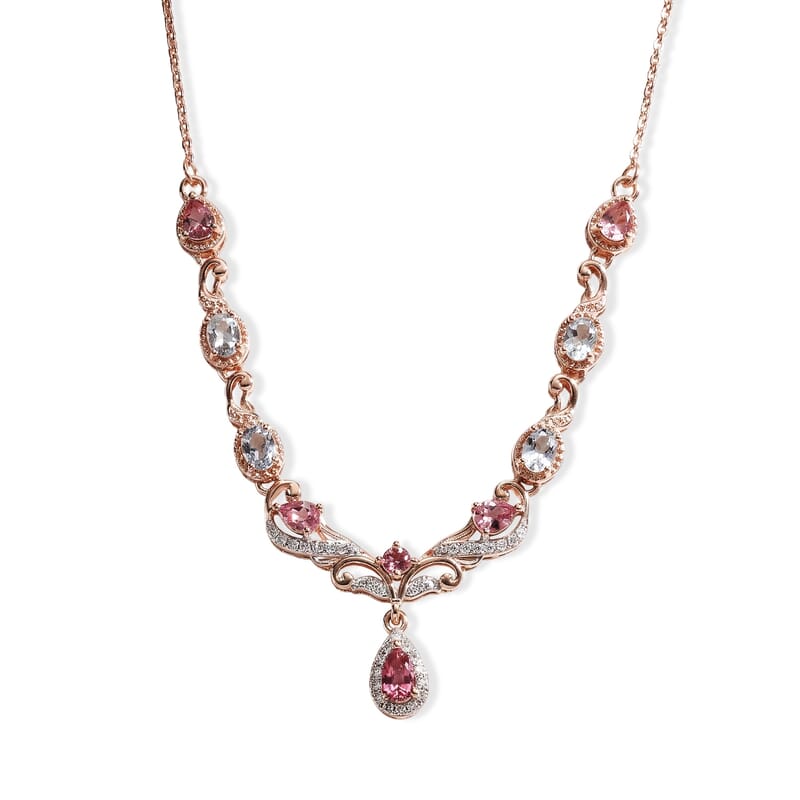 D'Joy Premium Morro Redondo Pink Tourmaline and Multi Gemstone 1.65 ctw Promise Vine Necklace (18 Inches) in 18K Vermeil Rose Gold Over Sterling Silver