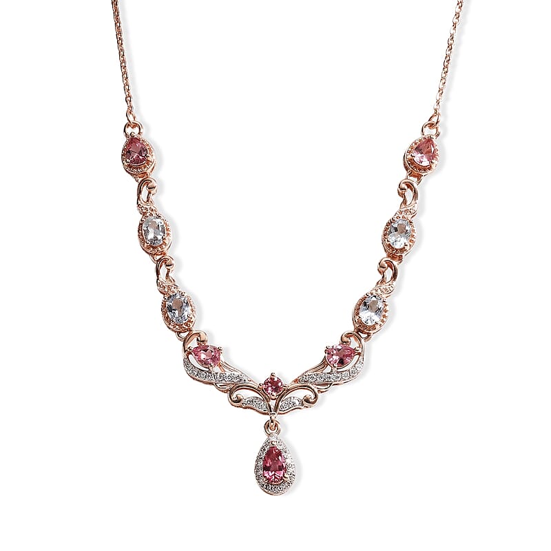 D'Joy Premium Pink Tourmaline and Multi Gemstone 1.65 ctw Cluster Necklace (18 Inches) in 18K Vermeil Rose Gold Over Sterling Silver