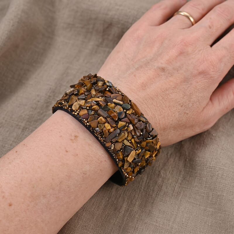 Yellow Tigers Eye 20.00 ctw and Grey Austrian Crystal Leather Bracelet in Silvertone (7.25 In)