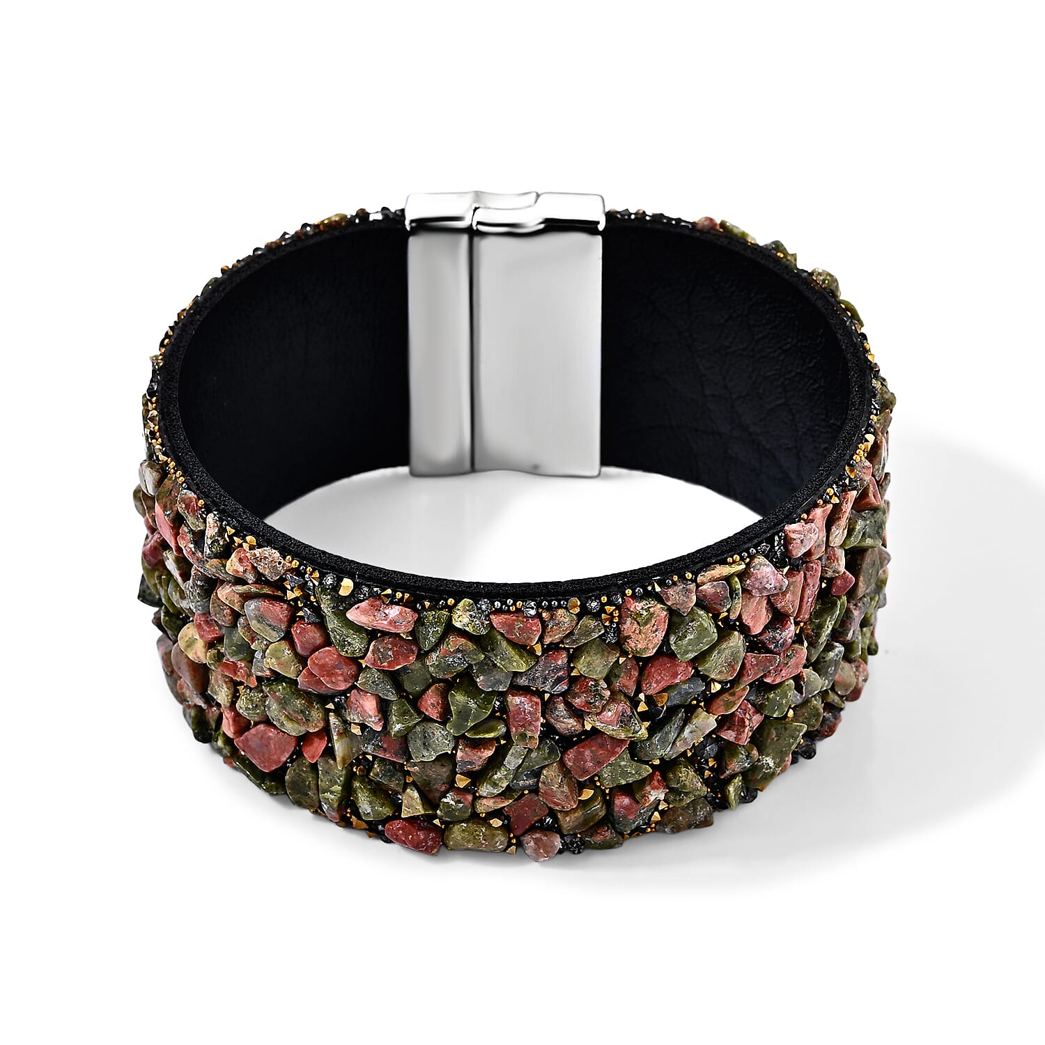 Unakite 20.00 ctw and Grey Austrian Crystal Leather Bracelet in Silvertone (7.25 In)