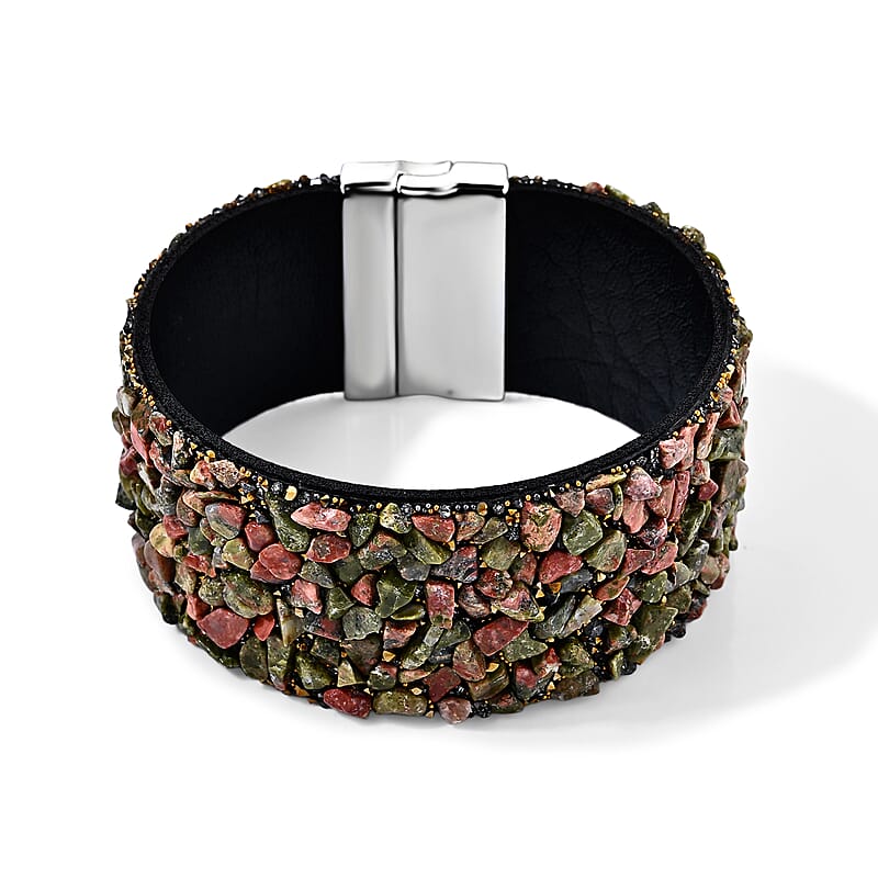 Unakite 20.00 ctw and Grey Austrian Crystal Leather Bracelet in Silvertone (7.25 In)