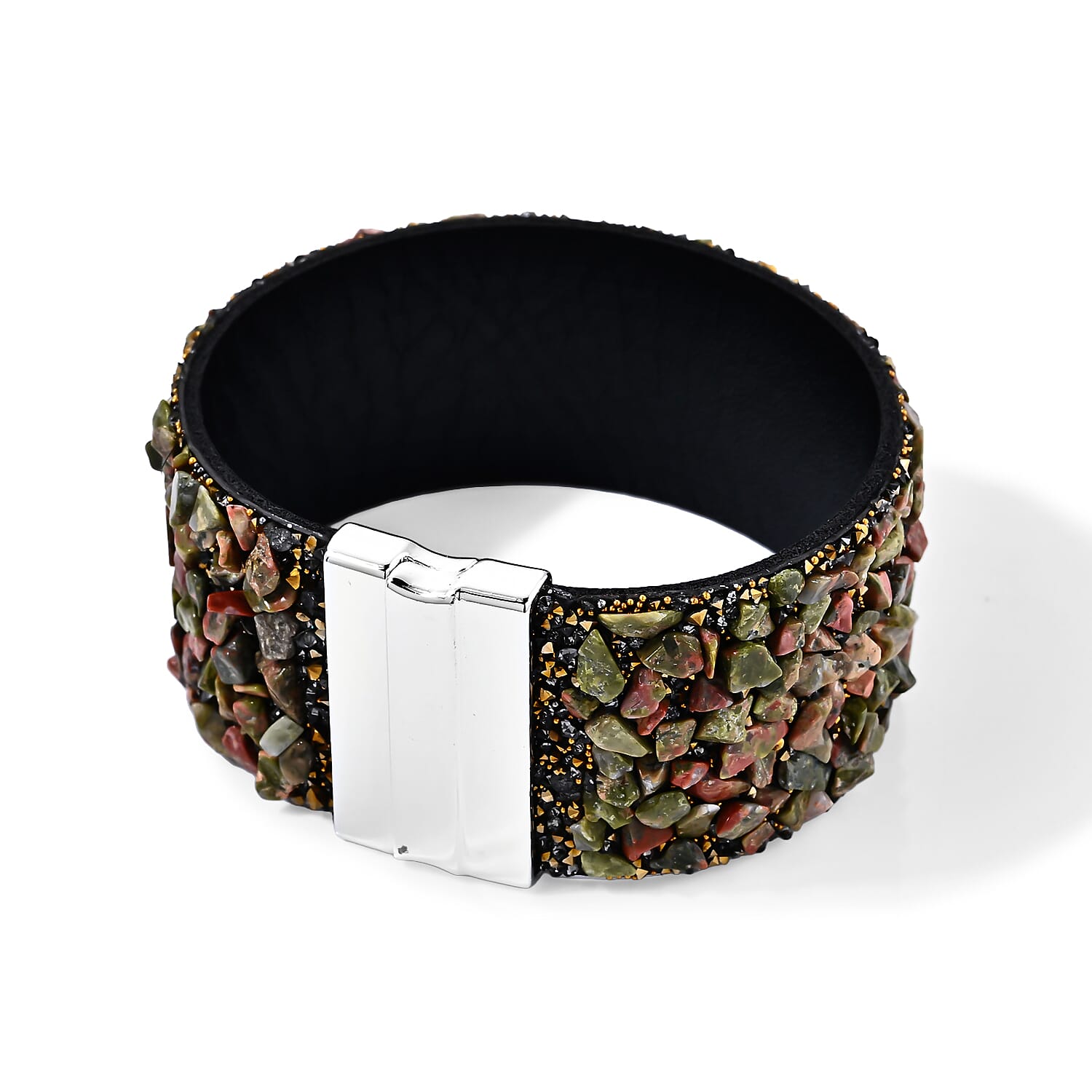 Unakite 20.00 ctw and Grey Austrian Crystal Leather Bracelet in Silvertone (7.25 In)