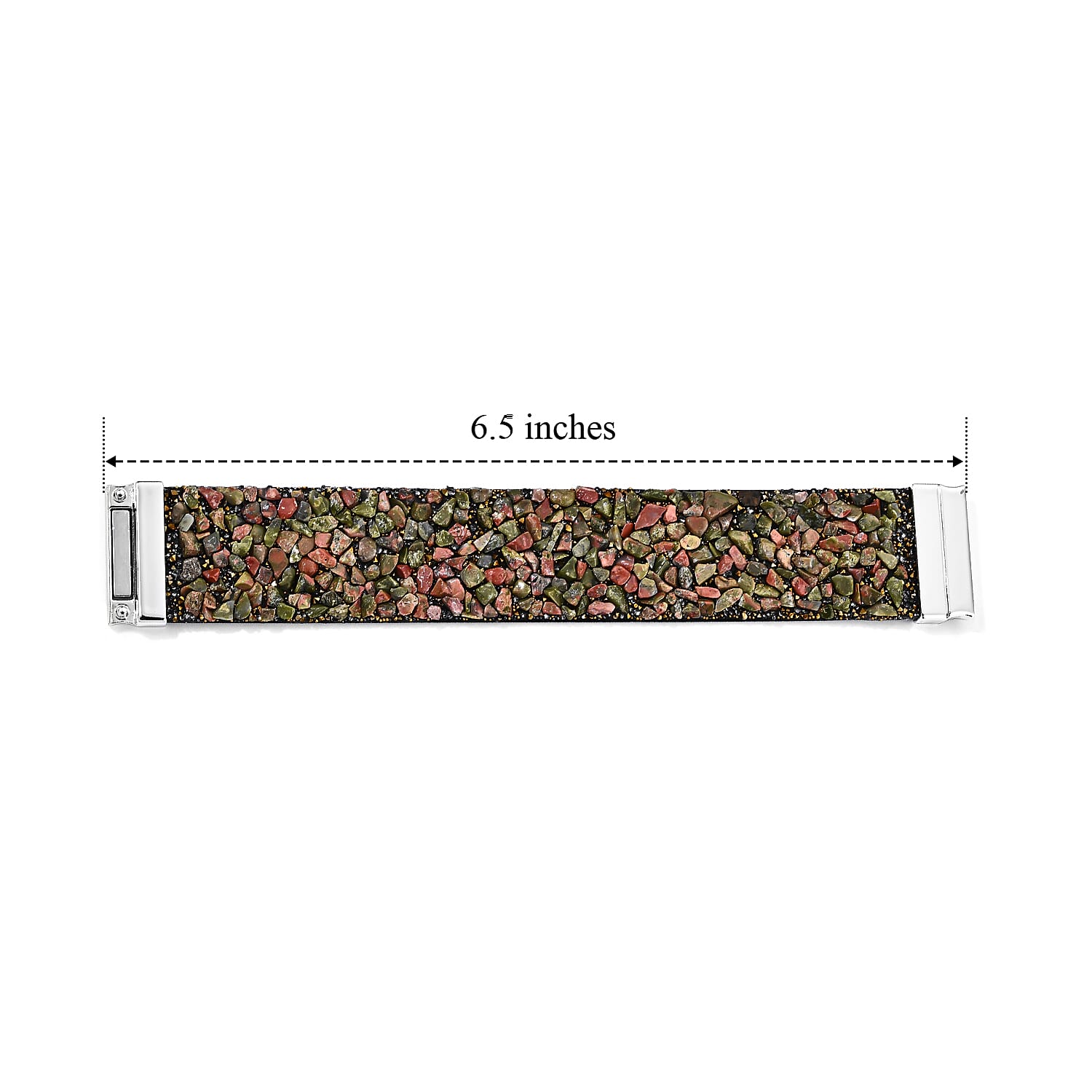 Unakite 20.00 ctw and Grey Austrian Crystal Leather Bracelet in Silvertone (7.25 In)
