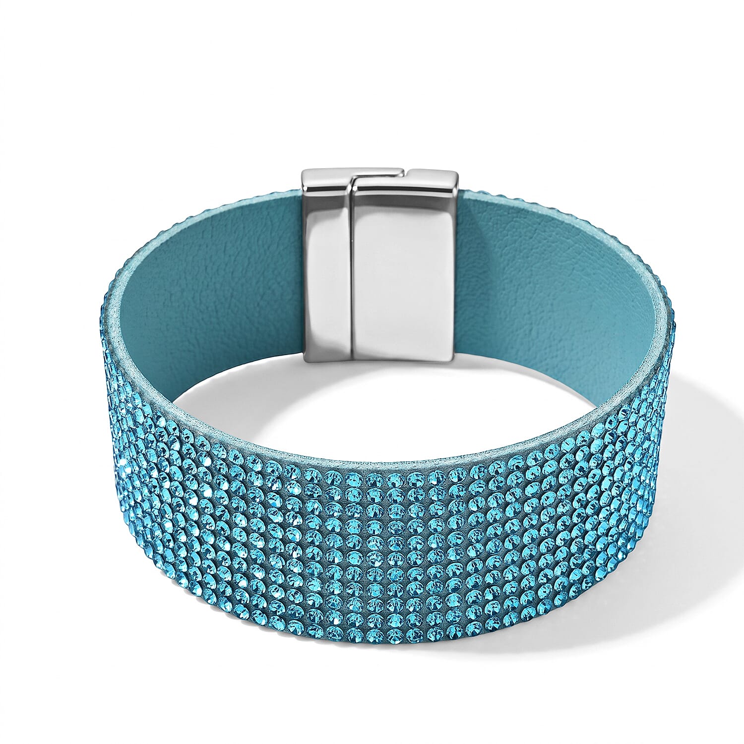Blue Austrian Crystal Leather Bracelet in Silvertone (7.25 In)