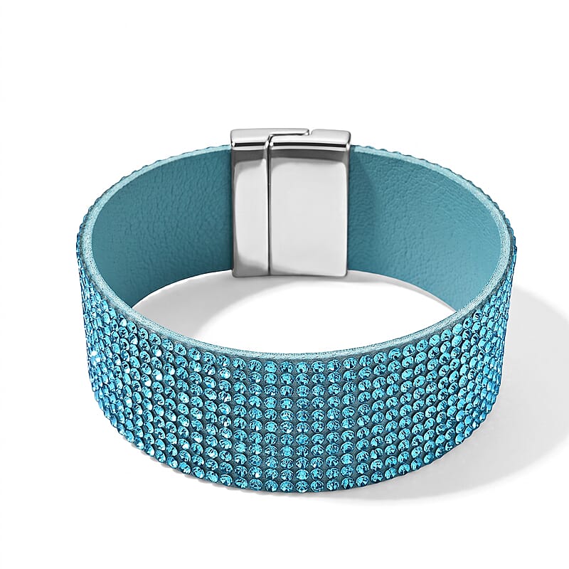 Blue Austrian Crystal Leather Bracelet in Silvertone (7.25 In)