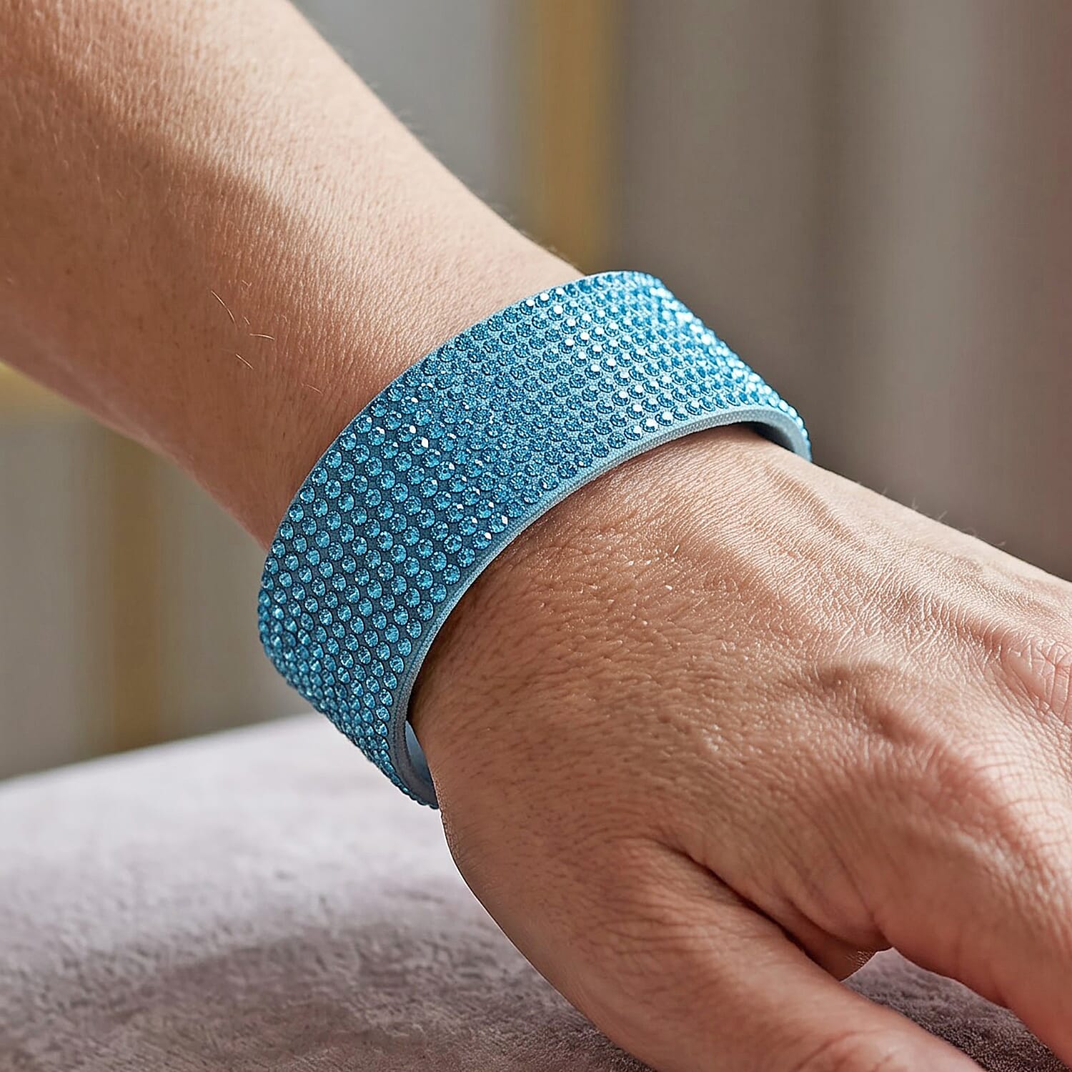 Blue Austrian Crystal Leather Bracelet in Silvertone (7.25 In)