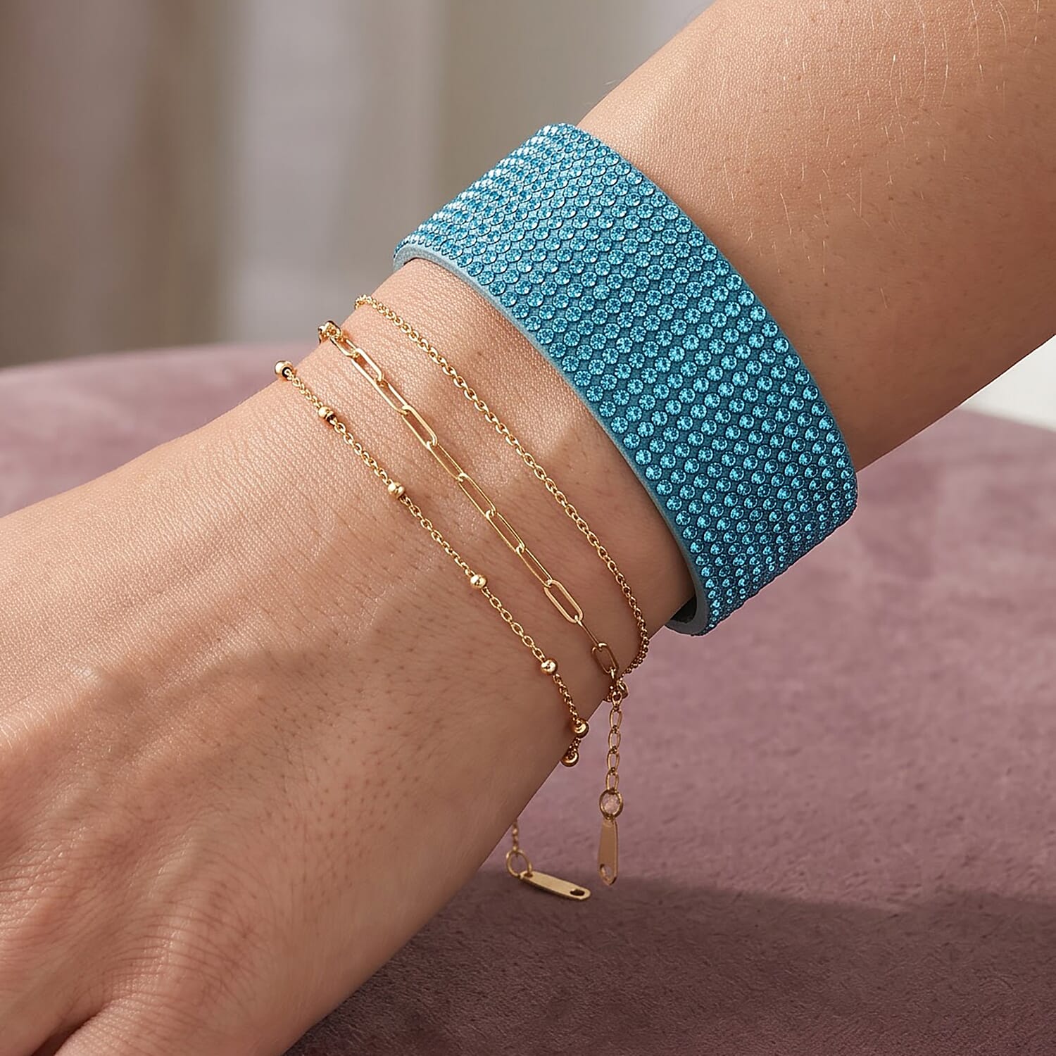 Blue Austrian Crystal Leather Bracelet in Silvertone (7.25 In)