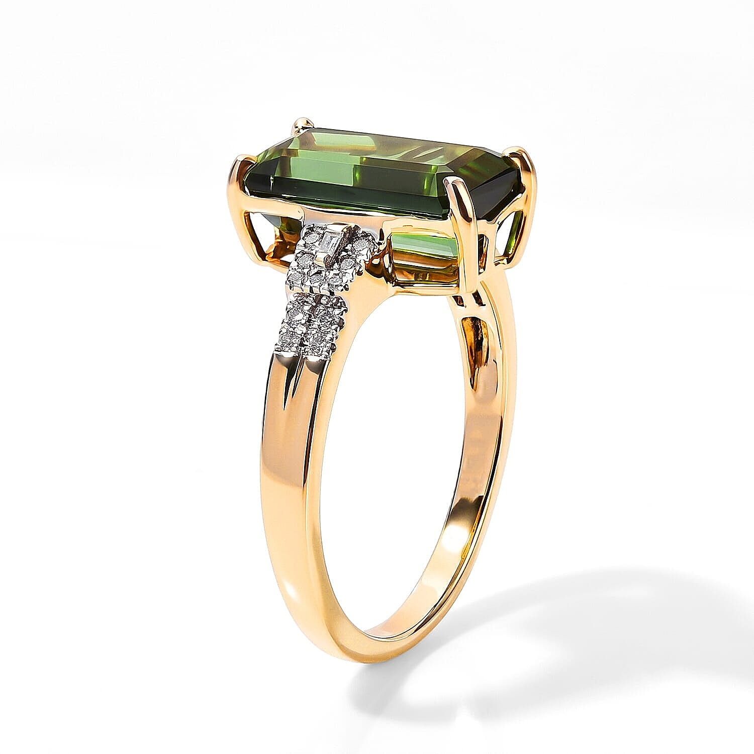 Luxoro AAA Sapo Green Tourmaline and Diamond I2 3.90 ctw Midnight Eclipse Ring in 10K Yellow Gold (Size  6.0)