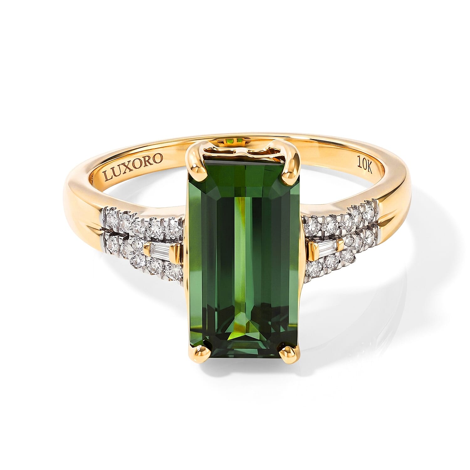 Luxoro AAA Sapo Green Tourmaline and Diamond I2 3.90 ctw Midnight Eclipse Ring in 10K Yellow Gold (Size 7.0)