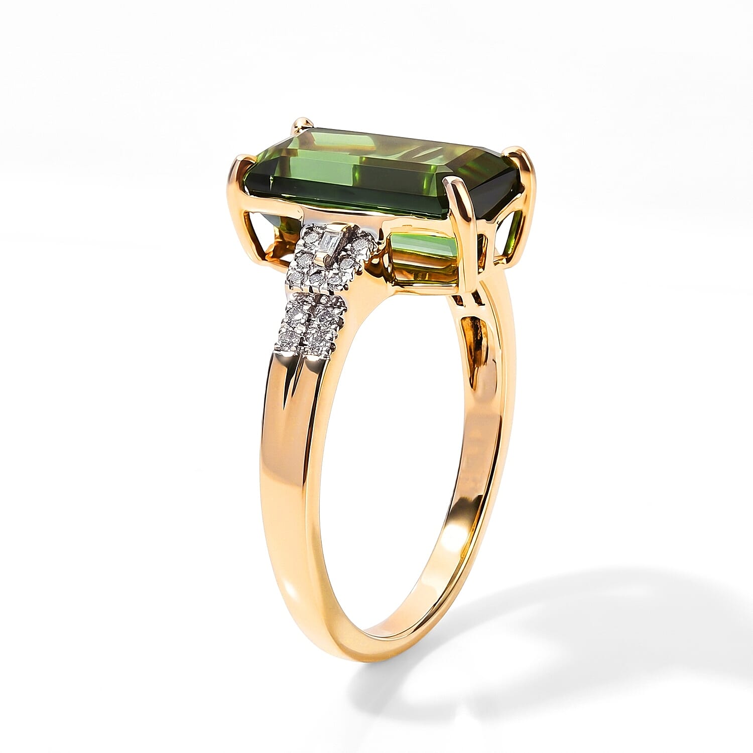 Luxoro AAA Sapo Green Tourmaline and Diamond I2 3.90 ctw Midnight Eclipse Ring in 10K Yellow Gold (Size 7.0)