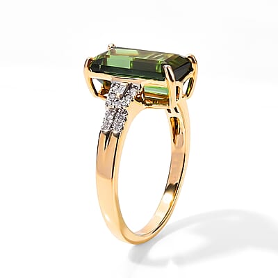 Luxoro AAA Sapo Green Tourmaline and Diamond I2 3.90 ctw Midnight Eclipse Ring in 10K Yellow Gold (Size 7.0)
