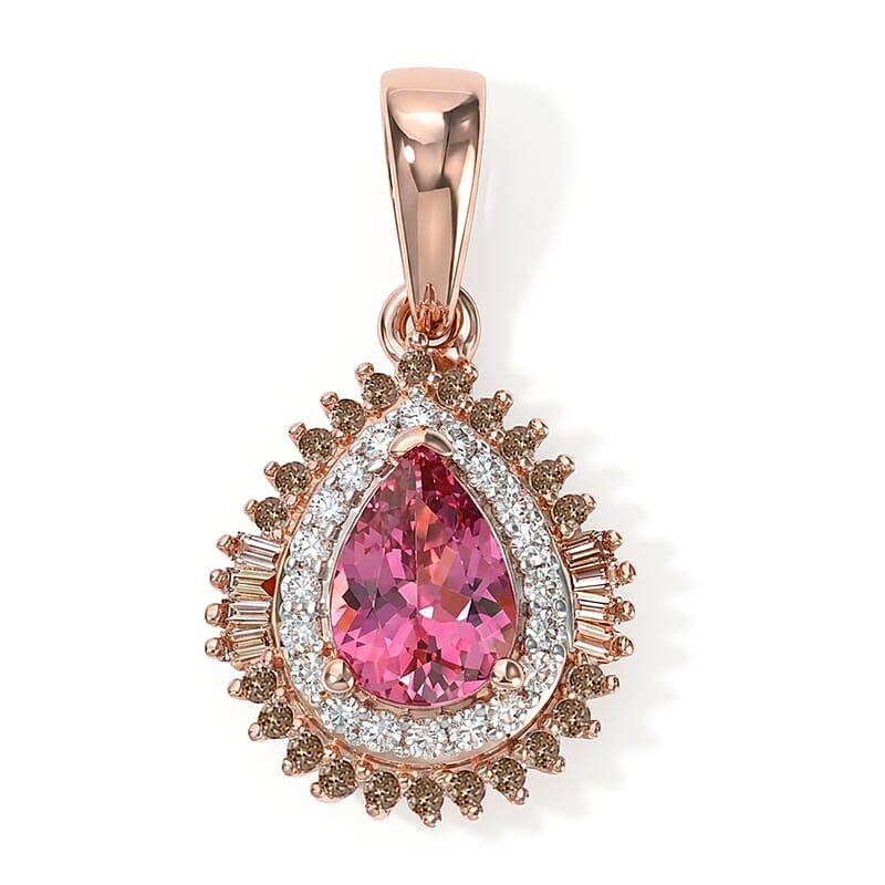 D'Joy Premium Pink Tourmaline and Multi Diamond 0.65 ctw Pendant without Chain in 18K Vermeil Rose Gold Over Sterling Silver