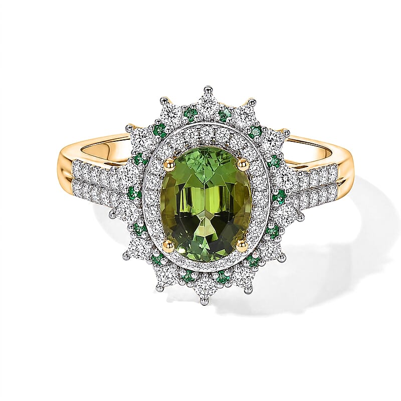 Luxoro AAA Sapo Green Tourmaline, Paraiba Tourmaline and Diamond I2 2.65 ctw Midnight Starburst Ring in 10K Yellow Gold (Size 6.0)