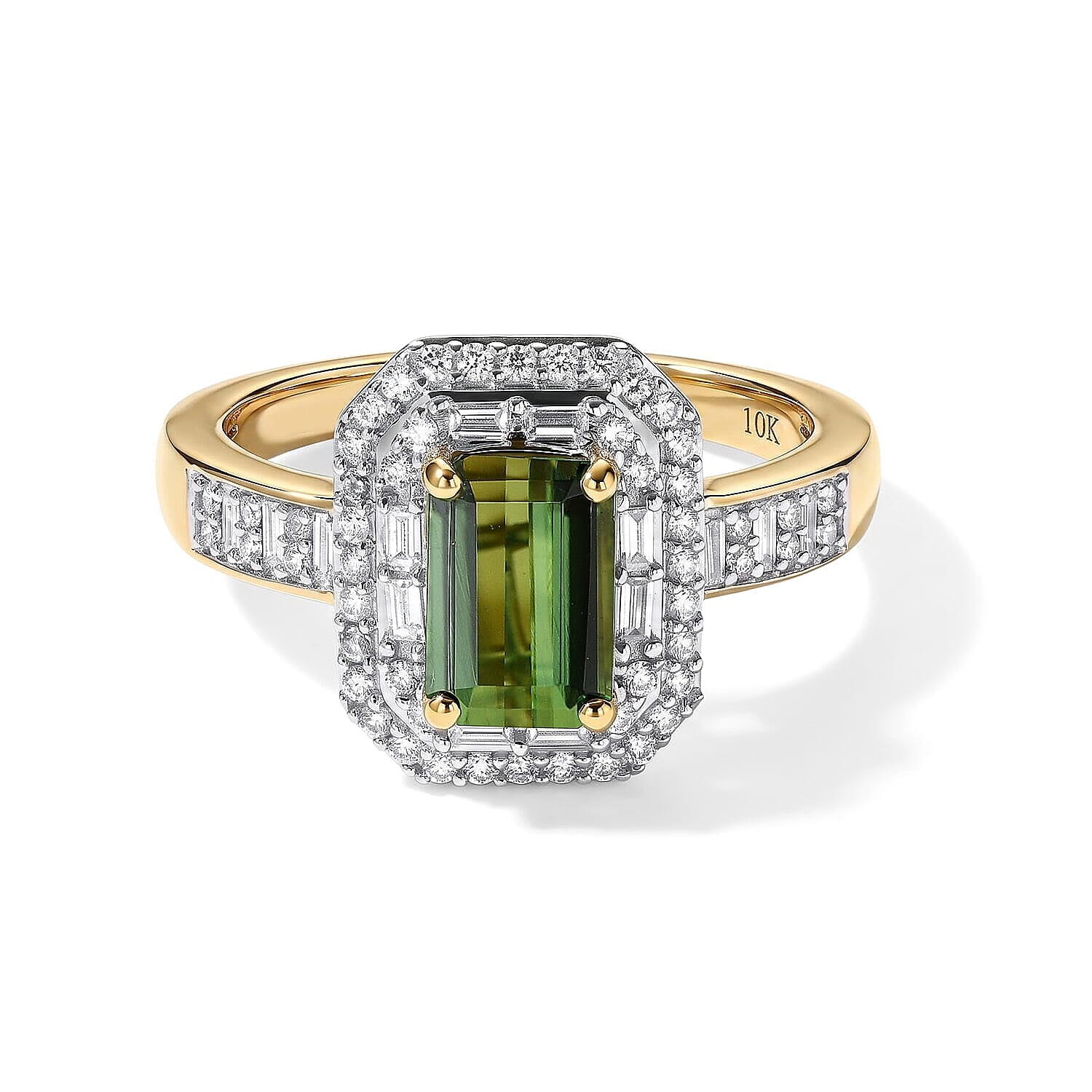 Luxoro AAA Sapo Green Tourmaline and Diamond I2 2.20 ctw Midnight Crown Ring in 10K Yellow Gold (Size  6.0)  4.25 Grams