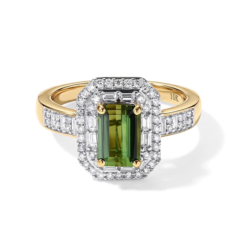 Luxoro AAA Sapo Green Tourmaline and Diamond I2 2.20 ctw Midnight Crown Ring in 10K Yellow Gold (Size 7.0) 4.25 Grams