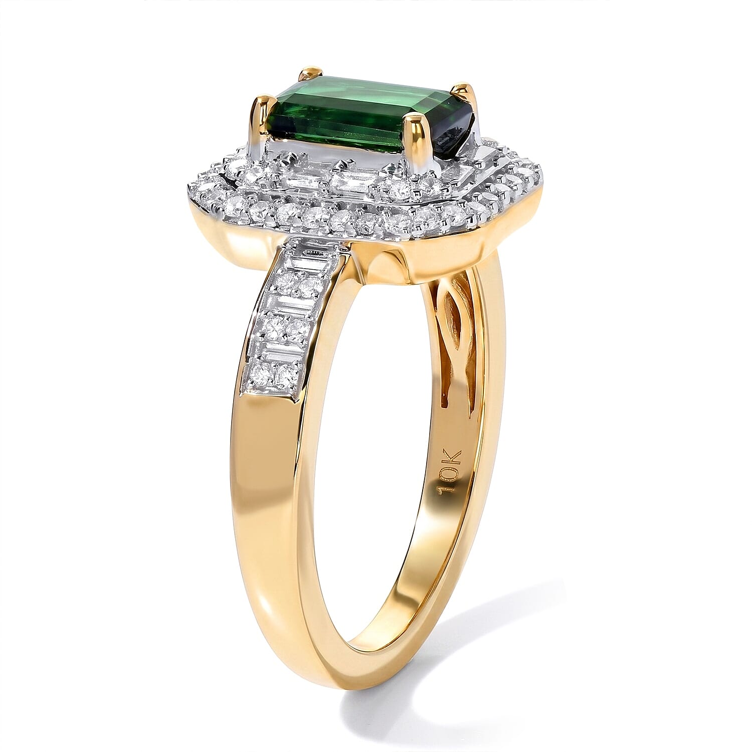 Luxoro AAA Sapo Green Tourmaline and Diamond I2 2.20 ctw Midnight Crown Ring in 10K Yellow Gold (Size 7.0) 4.25 Grams