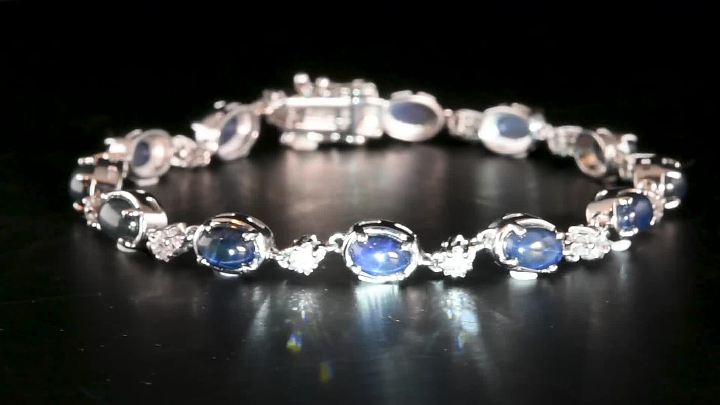 D''Joy Premium Blue Star Sapphire (DF), Moissanite The Celestial Trail Bracelet in Rhodium Over Sterling Silver (6.50 In) 12.35 ctw