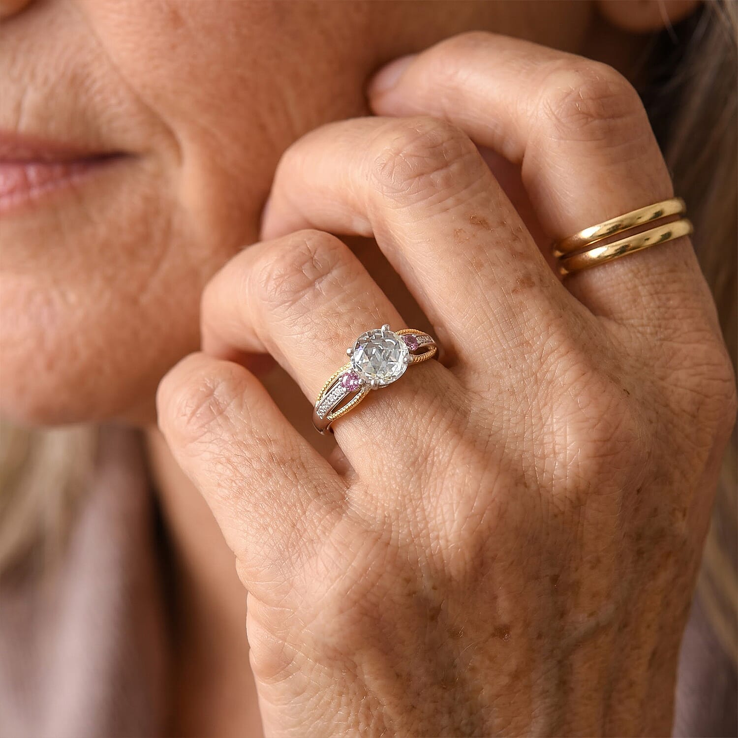 EverTrue Simulated White and Orchid Diamond Ring in Platinum Bond (Size 5.0) 3.50 ctw