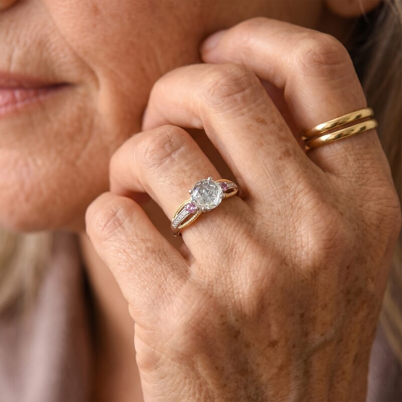 EverTrue Simulated White and Orchid Diamond Two Tone Bubble Brilliance Ring in 18K YG Plated and Platinum Bond (Size 6.0)