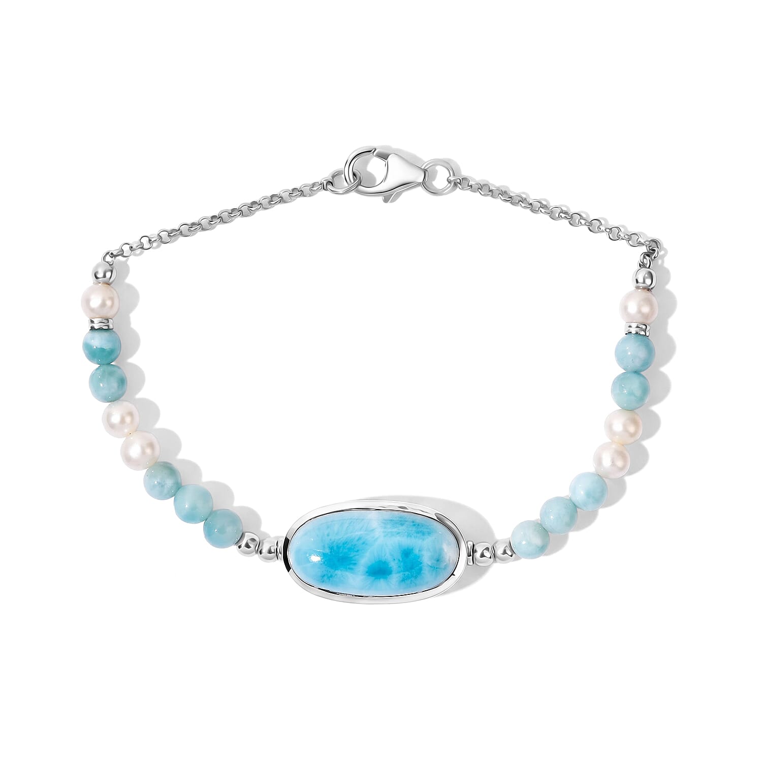 D''Joy Larimar, Freshwater Pearl Bracelet in Rhodium Over Sterling Silver (6.50 In) 19.75 ctw