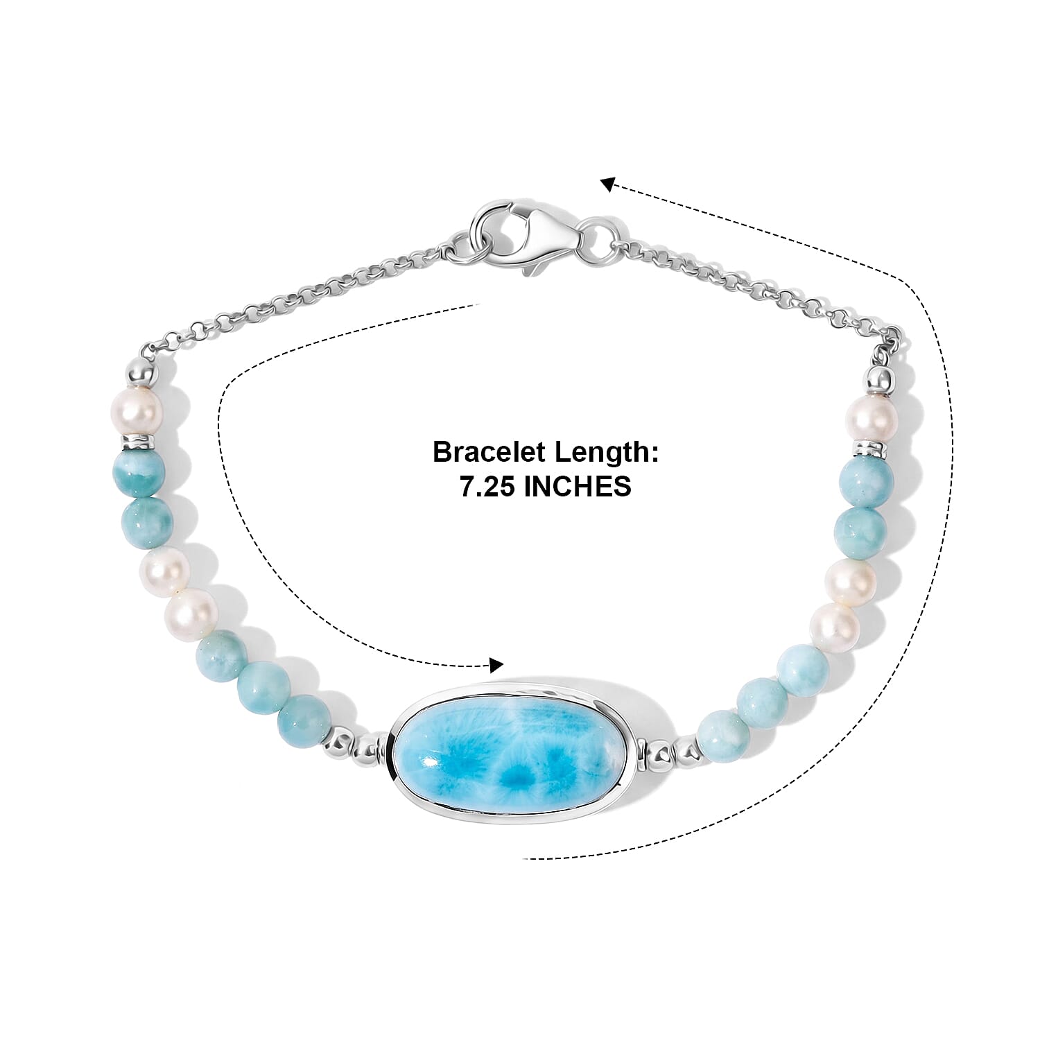 D'Joy Premium Larimar 16.40 ctw and Freshwater Pearl Tide Pool Bead Bracelet in Rhodium Over Sterling Silver (6.50 In)