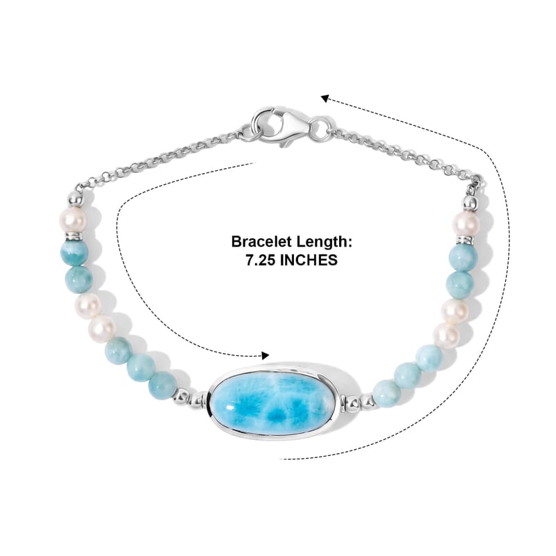 D'Joy Premium Larimar 16.40 ctw and Freshwater Pearl Tide Pool Bead Bracelet in Rhodium Over Sterling Silver (6.50 In)