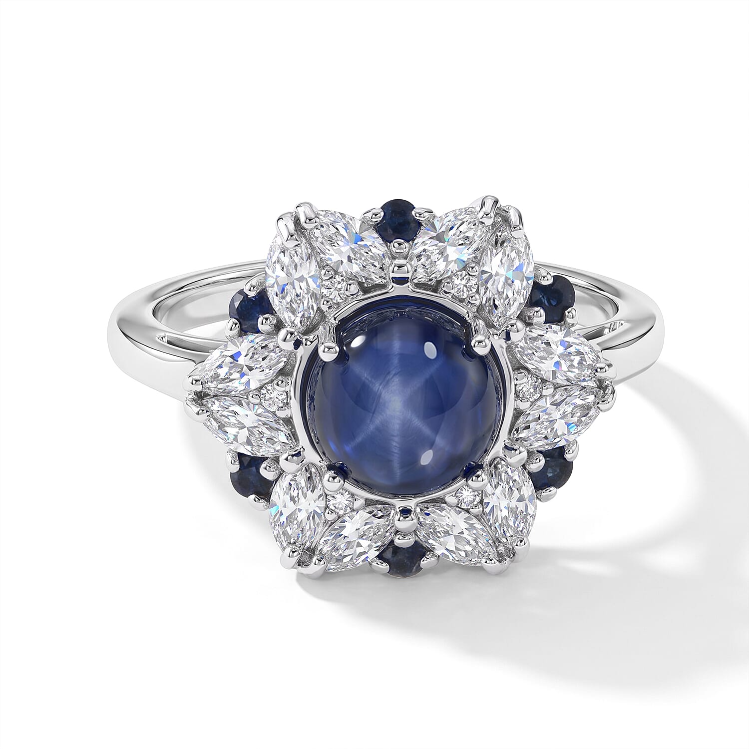 D''Joy Premium Blue Star Sapphire (DF), Multi Gemstone Ring in Rhodium Over Sterling Silver (Size 10.0) 3.60 ctw