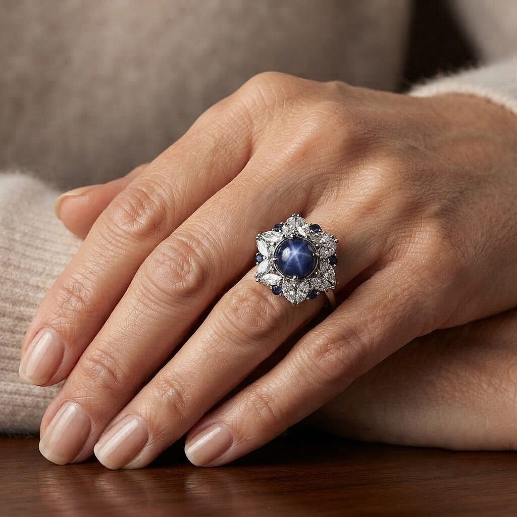 D'Joy Premium Blue Star Sapphire (DF), Multi Gemstone Ring in Rhodium Over Sterling Silver (Size 8.0) 3.60 ctw