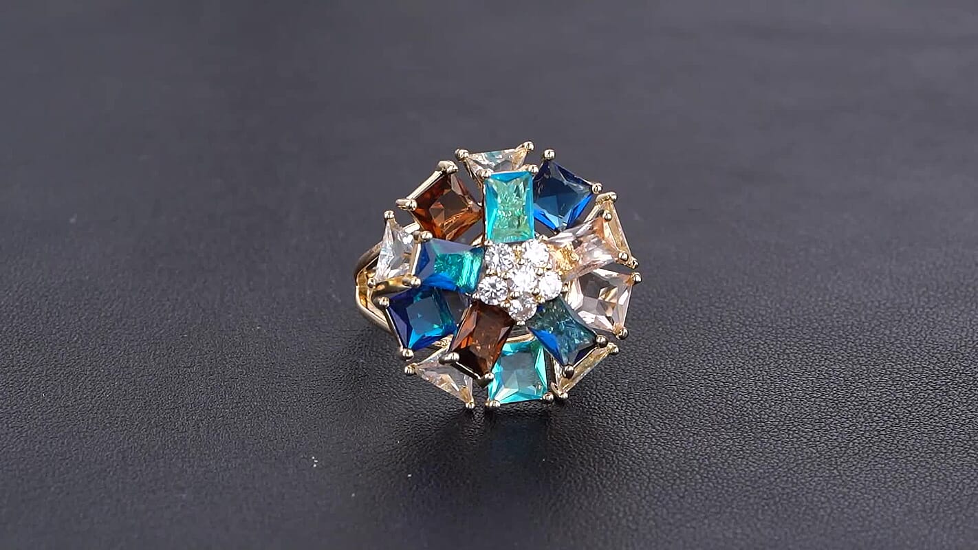 Simulated Diamond, Multi Color Austrian Crystal Ring in Goldtone (Size 8-10)