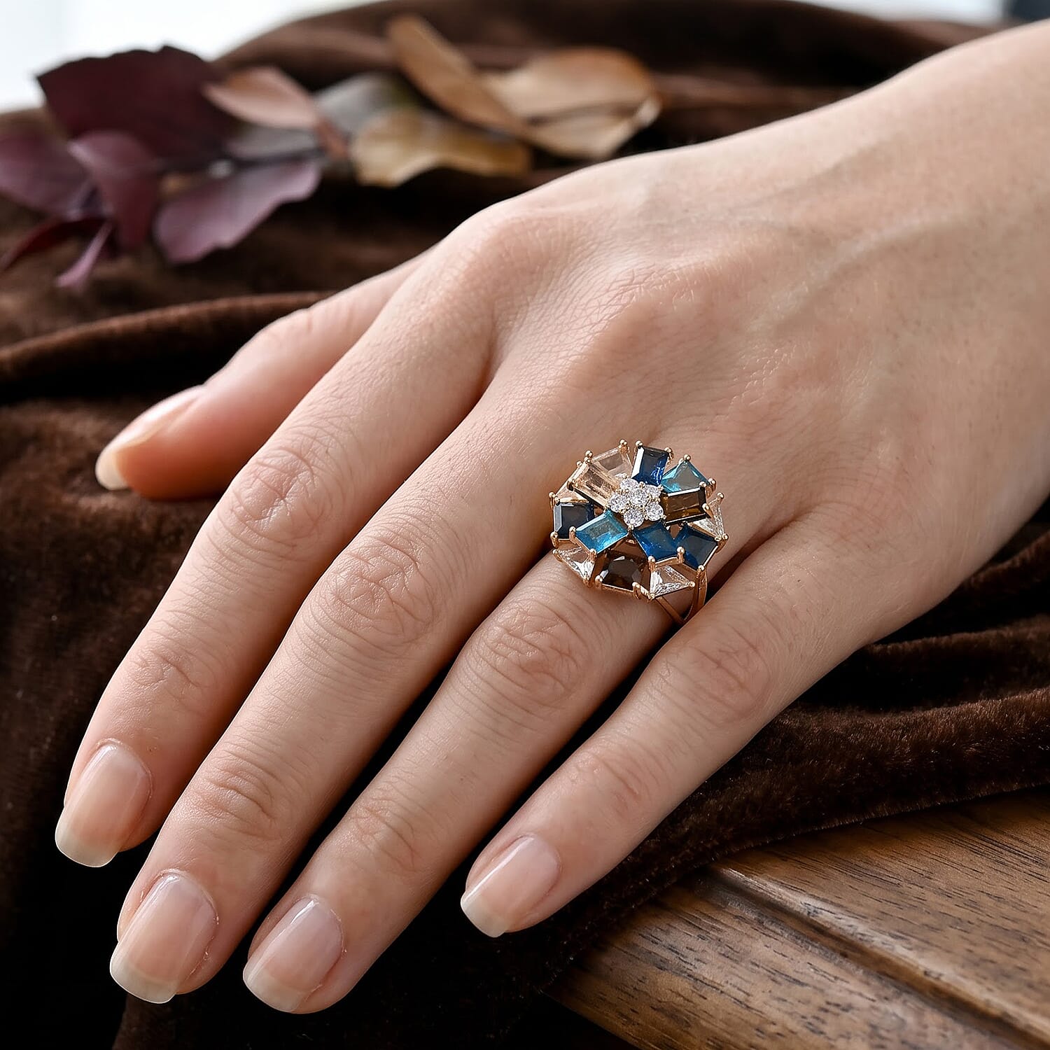 Simulated Diamond, Multi Color Austrian Crystal Ring in Goldtone (Size 8-10)