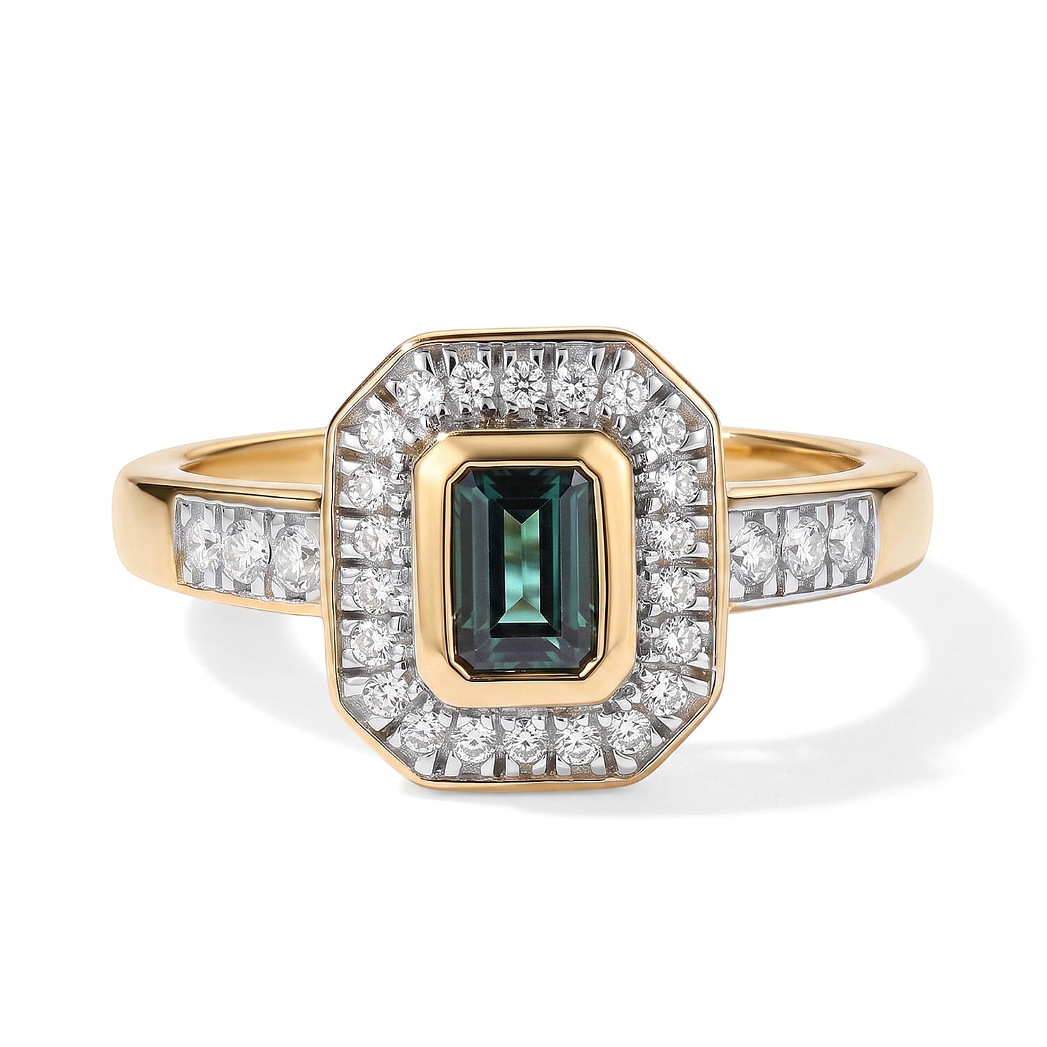 D''Joy AAA Monte Belo Indicolite, Moissanite Ring in 18K Vermeil YG Over Sterling Silver (Size 9.0) 1.00 ctw