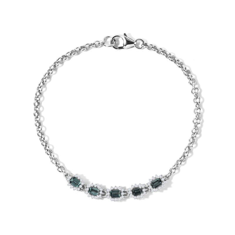 D'Joy AAA Monte Belo Indicolite and Moissanite 1.60 ctw Regal Bloom Line Bracelet in Rhodium Over Sterling Silver (7.25 In)