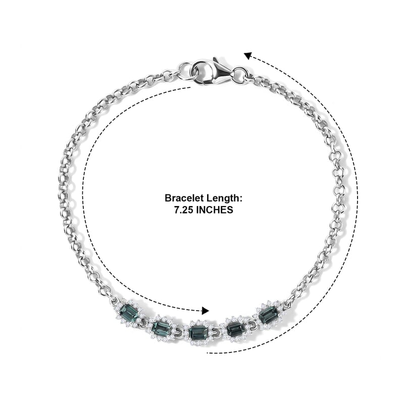 D'Joy AAA Monte Belo Indicolite and Moissanite 1.60 ctw Regal Bloom Line Bracelet in Rhodium Over Sterling Silver (7.25 In)