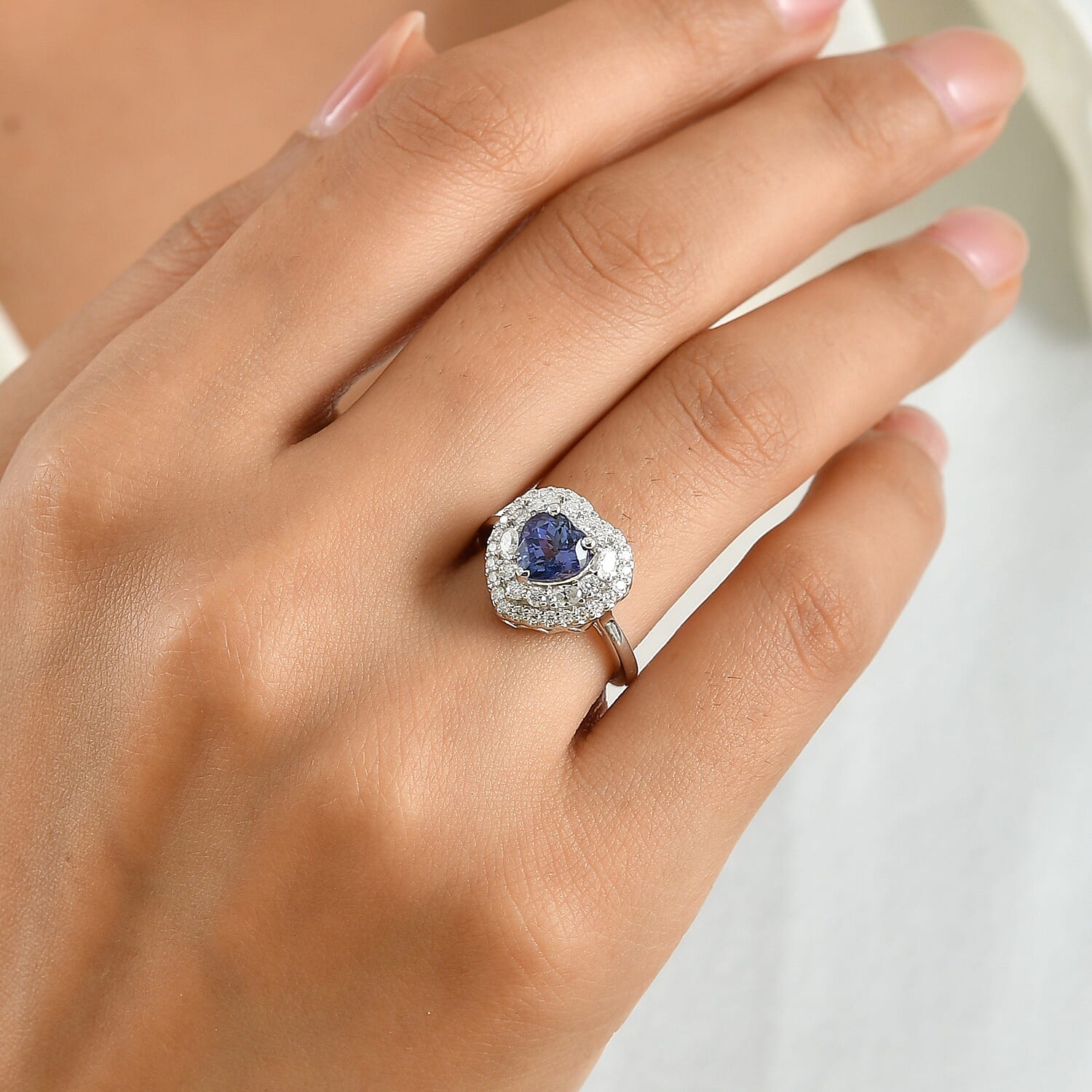 Certified & Appraised D'Joy Premium Tanzanite and Moissanite 2.00 ctw Ring in Rhodium Over Sterling Silver (Size 6.0)
