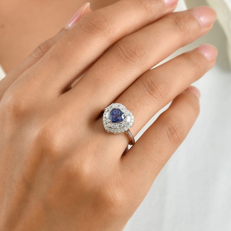 Certified & Appraised D'Joy Premium Tanzanite and Moissanite 2.00 ctw Ring in Rhodium Over Sterling Silver (Size 6.0)