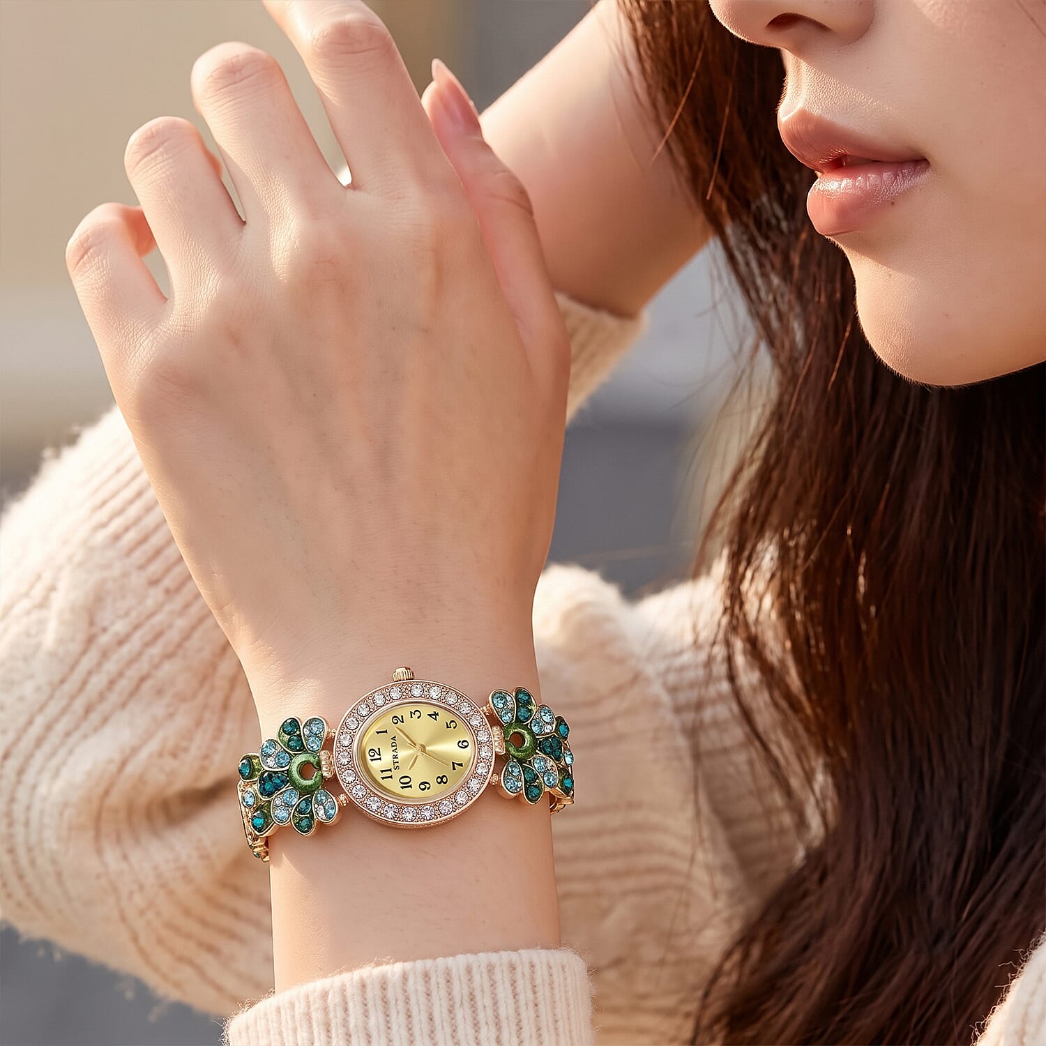 Strada Multi Color Austrian Crystal and Multi Color Enameled SL68 Quartz Movement Bangle Watch in Goldtone (7.00 In)