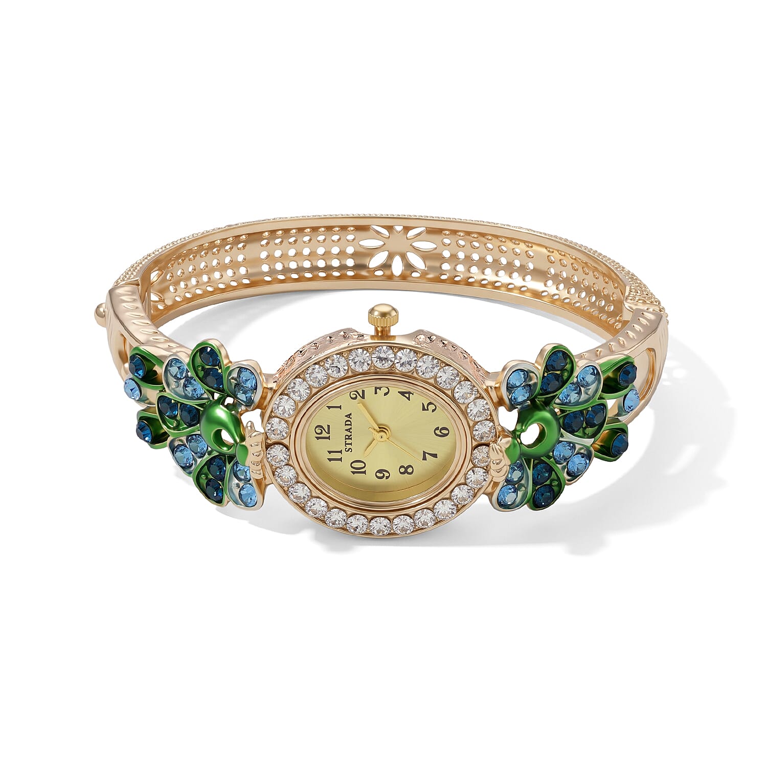 Strada Multi Color Austrian Crystal and Multi Color Enameled SL68 Quartz Movement Bangle Watch in Goldtone (7.00 In)