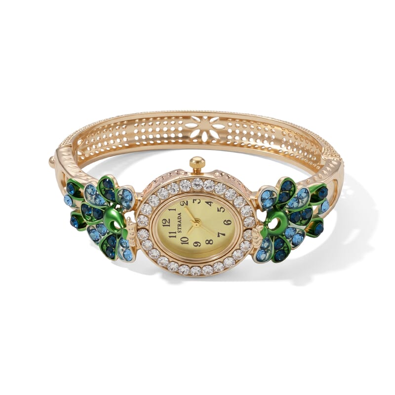 Strada Multi Color Austrian Crystal and Multi Color Enameled SL68 Quartz Movement Bangle Watch in Goldtone (7.00 In)