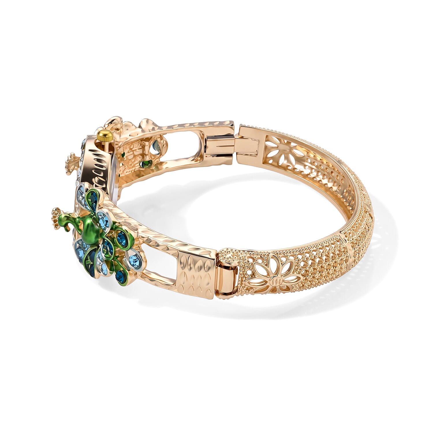 Strada Multi Color Austrian Crystal and Multi Color Enameled SL68 Quartz Movement Bangle Watch in Goldtone (7.00 In)
