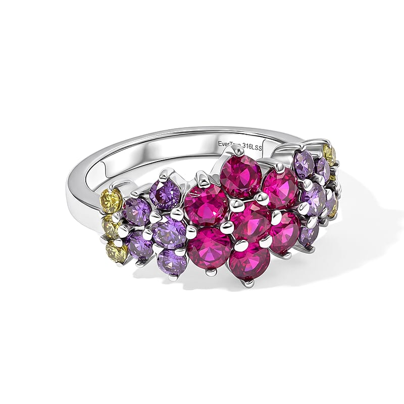EverTrue Simulated Multi Color Diamond Floral Ring in Stainless Steel (Size 5.0)